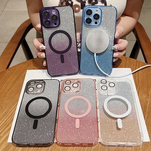 Gradient Bling Glitter Cas pour iPhone 15 14 Plus 13 Pro Max 12 11 Magnetic Wireless Charging Camera Lens Protector Magnet Clear Hard PC acrylic tpu Fine Hole Cover