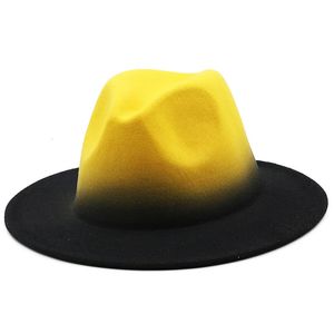 Gradient Color Party Top Hat Femmes Men de laine en feutre Jazz Fedora Chapeaux Tendance larges Brim Spray Paint Patchwork Patchwork Cap Sombreros de Mujer 240322