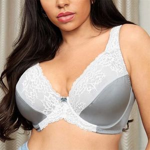 Soutien-gorge en dentelle grise pour femmes, lingerie sexy, broderie florale, grande taille F G H I 34 36 38 40 42 44 48 50 52 54 211110