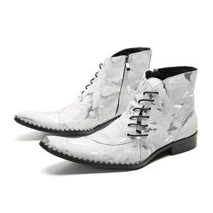 Gris Men Punk Style Véritable cuir pointu Point Metal Rivet Motorcycle Bottes de fête masculine Hiver 4522