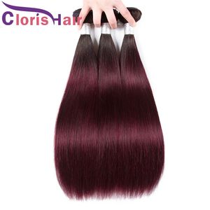 Gran textura 1B 99J Paquetes de cabello humano recto sedoso Brasileño Virgen Borgoña Ombre Weave 3pcs Raíces oscuras Extensiones de color rojo vino