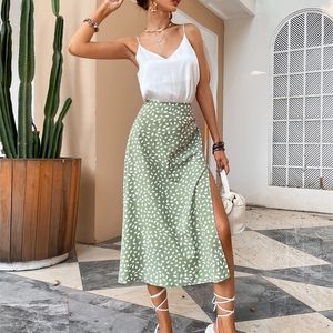 Verde Boho Split Muslo Allover Imprimir Mujeres Faldas Vestidos elegantes Hendidura Longitud larga Cintura alta con cremallera Estiramiento ligero 220702