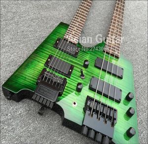 Green Flame Dark Maple Top sans tête double cou de basse électrique Guitare 6 cordes 4 cordes noires matériel tremolo pont2811375