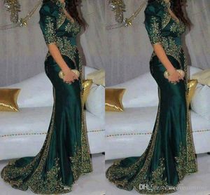 Green Elegant Elegant Dark Sirène Robes de soirée Broiderie Per perle Péquen High Neck Indian 1/2 Gold Gold Appliques Robes de Prom Robe Party