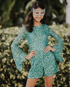 Green Girl Pageant Dress Jumpsuit 2022 Sequin Kid Bell Sleeves Romper Little Miss Birthday Party Formelle Cocktail Dance Robe Toddler Teens Runway Fun-Fashion Cosplay