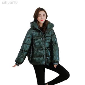 Abrigo de algodón verde brillante para mujer, chaqueta Parka gruesa y cálida de invierno, abrigo de algodón suelto con capucha negro a la moda L220730