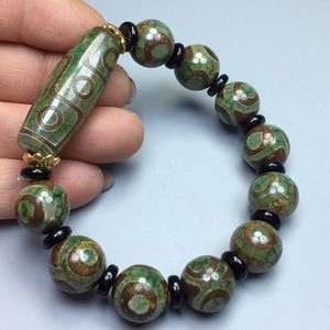 Bracelet de perles Dzi en Jade vert pour hommes, 9 yeux, bouddhisme tibétain, Agate Fengshui, trois yeux, perles Dzi, amulette porte-bonheur