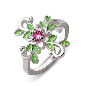 Anillos cruzados de hojas verdes para mujer, anillo de cristal rojo con incrustaciones para mujer, joyería nupcial de compromiso de boda, anillo de plata y oro de lujo