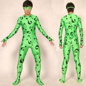 Vert Lycra Spandex Riddler Catsuit Costume Unisexe Problème Marque Corps Costume Thème Costumes Halloween Party Cosplay Body P273360L