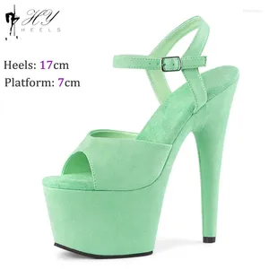 Sandalias de gamuza verde 583 17 cm Tisos de fiesta de polo súper alto Plataforma Boda Peep Toe Stripper zapatos