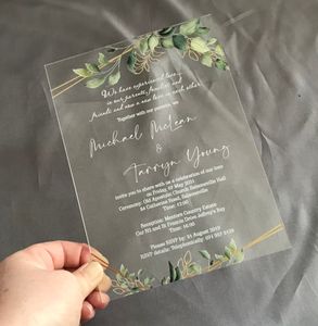 Invitation de mariage en acrylique verdure, invitation claire, initiales en or, enveloppe de poche, conception gratuite, 10pcs