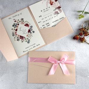 Cartes de voeux 25 Set Tri-Fold Pocket Carte d'invitation de mariage rose à l'étranger Fiançailles chinoises XV Anniversaire Baptême Invitations simples IC160 220930