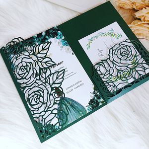 Tarjetas de felicitación Invitación de boda de bolsillo verde militar 50X con inserto de impresión personalizado y tarjeta pequeña Invitaciones de matrimonio de cumpleaños XV 230317