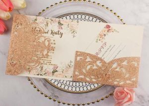 Cartes de voeux 50x champagne paillettes invitations de mariage en or rose enveloppe personnalisée RSVP Laser Coute Pocket Fold Invite19977575