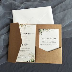 Cartes de voeux 50X Invitations de mariage en papier artisanal avec impression personnalisée RSVP et insérer des cartes de poche à trois volets pour la fête de mariage 231102