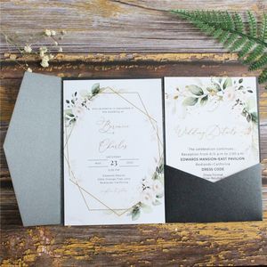 Tarjetas de felicitación Tarjeta de invitación de boda negra Tri-Fold Pocket Shimmer Country Party Invita Diseño personalizado Multi Colors 230731