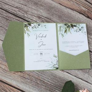 Cartes de voeux Olive Green Custom Wedding Invitation Maker Country Engagement Graduation Birthday Card Floral Inserts Design 250g Paper 50 PCS 220930