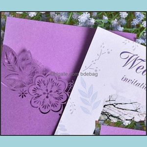 Tarjetas de felicitación Tarjetas de invitaciones de boda con corte láser púrpura Invitación de tarjeta de felicitación de papel para Marrige Hollow Out Portable 0 88Cf Dd D Dhsqc