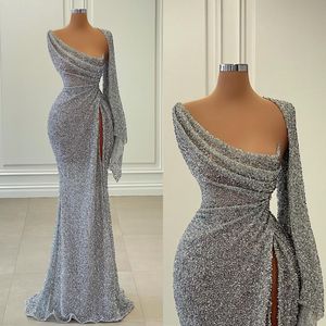 Vestidos de noche de sirena gris elegantes lentejuelas brillantes Vestido de fiesta plisados ​​sin tirantes Vestidos largos para ocasiones especiales vestidos de noche divididos