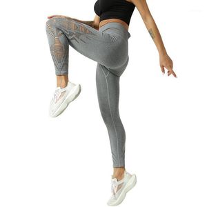 Pantalones deportivos de mujer gris cintura alta hueco hueco de color sólido Leggings de gimnasia moda casual casual trazado jogging medias yoga corriendo desgaste