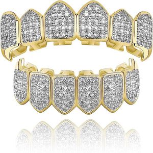 Grillz, Dental Grills Diamond Grill, Fit Your Teeth Ladies Plaqué Or 18 K Full Ice CZ Vampire Upper Lower Face Mouth Men's With Extra Moulding Rod Hornplay Costume,