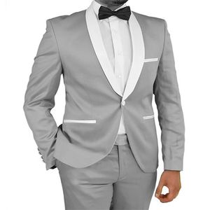 Garçons d'honneur marié Tuxedos gris argent nouveauté châle blanc revers hommes costumes mariage homme marié 2 pièces veste pantalon 2432