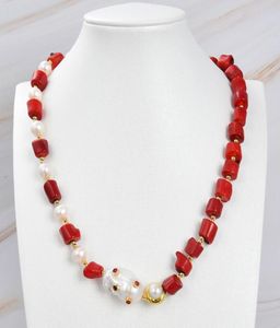 Guaiguai bijoux rouge corail blanc perle collier blanc keshi perle cz pave pendentif à la main pour femmes réel gems pierre fashion 6895718