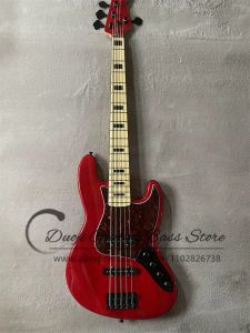 Guitarra 5 cuerdas Bajo eléctrico rojo Jazz Cuerpo sólido Fresno Madera Diapasón de arce Batería activa Protector de concha de tortuga roja Personalizado de fábrica