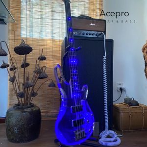Guitarra LED azul con luz, bajo eléctrico acrílico de 4 cuerdas, diapasón de palisandro, mástil de arce, alta calidad, envío gratis