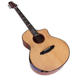 Guitare acoustique incrustée de fleurs, 41 pouces, dessus en bois d'épicéa massif, guitare folk à 6 cordes à haute brillance avec coin radian