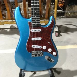 Guitare strat électrique guitare métallique bleu couleur basswood corps rouge tortue coquille à pickguard rose bergers de haute qualité