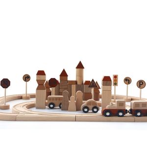 Jouets pistolet jouets en bois créatifs pour enfants Train de piste forestière blocs de construction assemblés reconnaissance des panneaux de signalisation jouets d'éducation précoce pour bébé