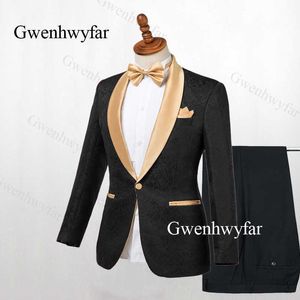Gwenhwyfar Black Tuxedo Gold Lapel Blazer 2 piezas Trajes para hombres Traje Jacquard Tuxedos 2019 para trajes de boda para hombres (chaqueta + pantalones) X0909