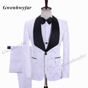 Gwenhwyfar Mens Med Wedding Costumes 2021 Italien Design Custom Custom White Moon Jacquard Tuxedo Jacket 3 Pièce Groom Terno Party costume x0909