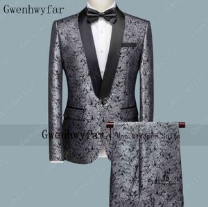 Gwenhwyfar Nouveau 2 PCS Ensemble Mariage Groom Châle Revers Jacquard Tuxedo Feuilles D'argent Imprimé Slim Robe De Bal Costume Hommes (Blazer + Pantalon) X0909