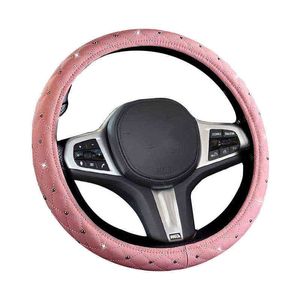 Gypsophila Pink Car Steering Wheel Cover Four Seasons Universal Leather Green Grip Cover para 3738 Cm 145 