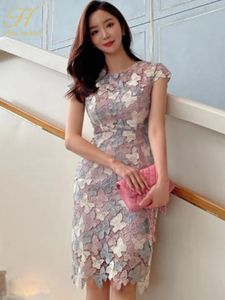H Han Queen-Vestidos elegantes de encaje para mujer, Vestidos Retro coreanos, franjas de color a la moda, vestido informal de fiesta de oficina 240318