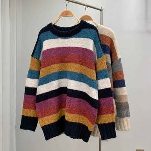 H.SA Mode Femmes Pulls Long Rayé Pull Jumpers Rainbow Pull Pulls Longue Hiver Femme Pulls Sueter Mujer 210716