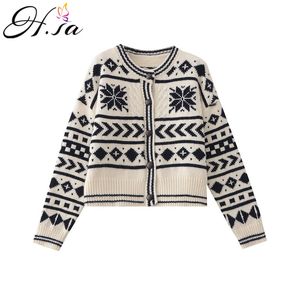 H.SA Suéteres de mujer Folral Oneck Retro Vintage Crop Snowflake Knitting Coat Chrisrmas Sweater Cardigans 210417