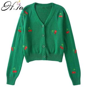 H.SA Femmes Chandails Cherry Broderie Bouton Up Ponchoes Mignons Automne Mode Coréen Point Ouvert Veste En Tricot Sueter Mujer 210417