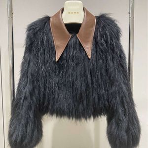 Haining 2023 nouveau manteau de fourrure à rayures de voiture de cheveux de raton laveur à la mode occidentale femmes hiver col de costume court semble mince et à la mode 893268