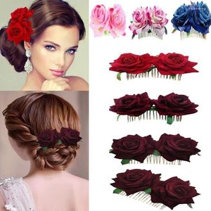 Accesorios para el cabello 1 unid Romántico Fantasía Doble Seda Artificial Rosa Flor Peine Púrpura Clip Rojo Boda Nupcial Dama Prom Tocado Headwear