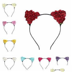 Accessoires pour cheveux 20 pièces / lot Accessoires de cheveux de beauté Femmes Fille Soie Fleur artificielle Rose Bande Dessin animé Cosplay Chat Oreille Tête Florale Dhlfe