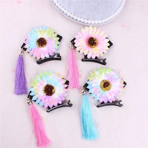 Accesorios para el cabello para niñas, horquilla con borlas de flores estéreo de estilo chino, tocado con Clip para niños, pasadores de girasol coloridos, 2024