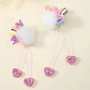 Accesorios para el cabello 2 unids dulce cinta flor horquillas brillo corazón borla clip para niñas elegante coreano piel sintética bang niños sombreros
