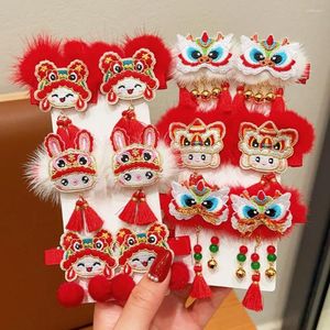 Épingle à cheveux rouge pour enfants, accessoires pour cheveux, Lion éveillé, broderie Dragon, couvre-chef de l'année chinoise, costume Tang, danse à Clip