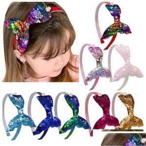 Accesorios para el cabello Baby Girls Diadema Nes Moda Sirena Cola Hairband Bow Headwrap Lentejuelas Banda Aro para niños Niña Beautif Head Acc DHQDZ