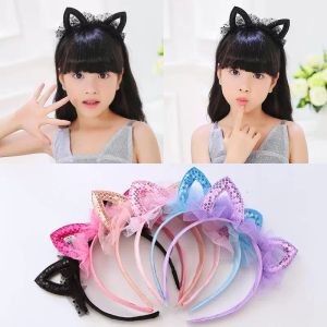 Acessórios para o cabelo Faixas de cabelo de renda infantil em forma de gato Focinho de orelha de menina com lantejoulas Fashion Pink Fairy Headband Black Headwear Engraçado