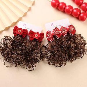 Accessoires de cheveux Chinois Enfants Enfants Wig Curly Hair Hair Hanfu Headress Year Barrettes Princess Red Bow Clip Girls