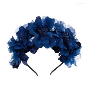 Accessoires pour cheveux, couronne de fleurs bleu foncé, guirlande de Simulation, bandeau en grande maille pour mariée, bandeau à friser pour fille